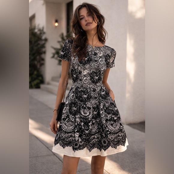 Prada Dresses & Skirts - Prada Dress Women’s 10 46 Fit & Flared Satin Lace Printed Black White Short B23